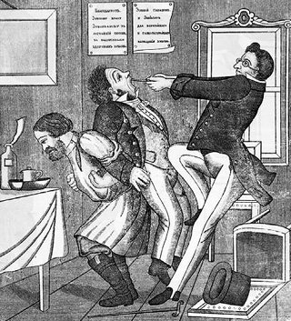 Гравюра середины XIX века: пациента стоматолога силой удерживает слуга