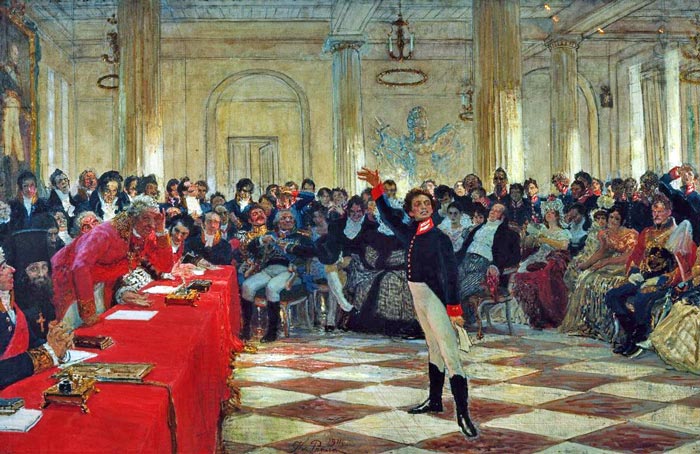 «А.С. Пушкин на экзамене в Царском Селе 8 января 1815 года», И. Репин, 1911 г.