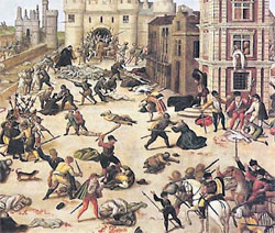 ВАРФОЛОМЕЕВСКАЯ НОЧЬ: во время резни гугенотов католиками в ночь на 24 августа 1572 г. в Париже погибли от 3 тысяч до 10 тысяч человек, в других городах Франциив августе-октябре - 70 тысяч, бежали из страны, вплоть до Южной Африки - 200 тысяч